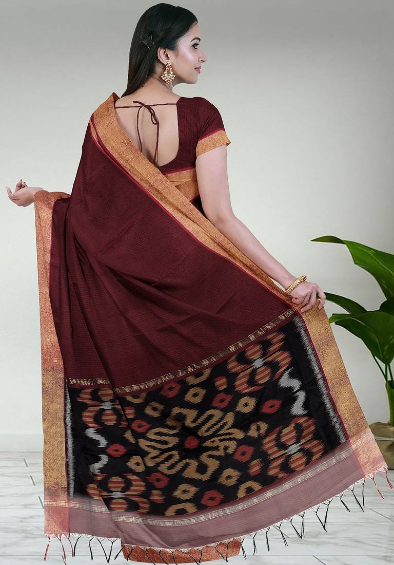 Royal merlot & burnished gold pochampally ikat cotton saree with running blouse