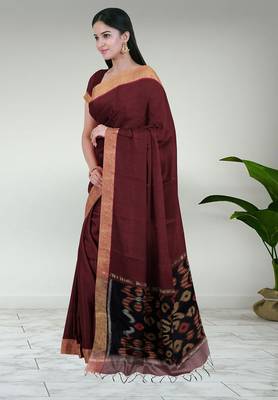 Royal merlot & burnished gold pochampally ikat cotton saree with running blouse 4