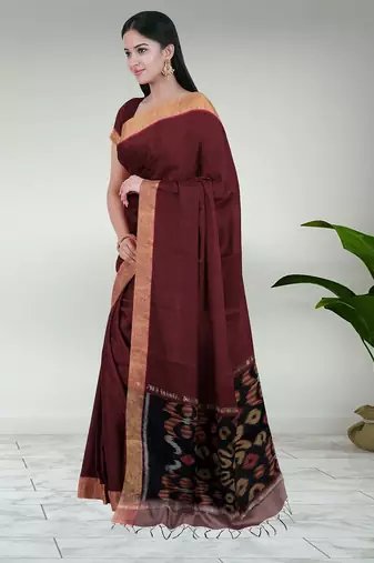 Royal merlot & burnished gold pochampally ikat cotton saree with running blouse