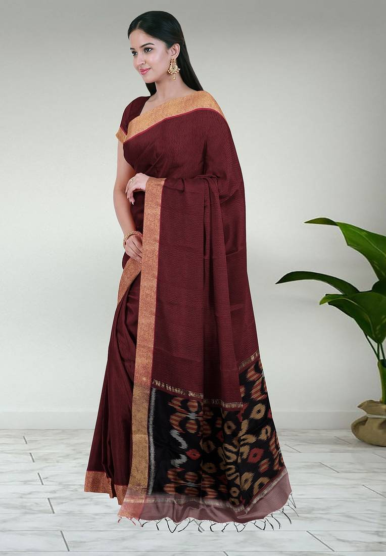 Royal merlot & burnished gold pochampally ikat cotton saree with running blouse