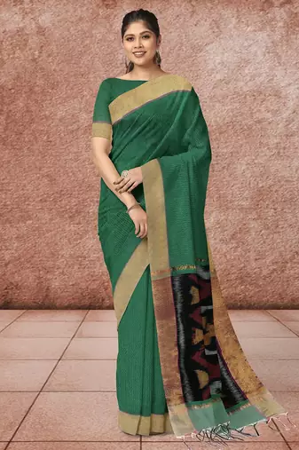 Emerald green & antique gold pochampally ikat cotton saree with running blouse
