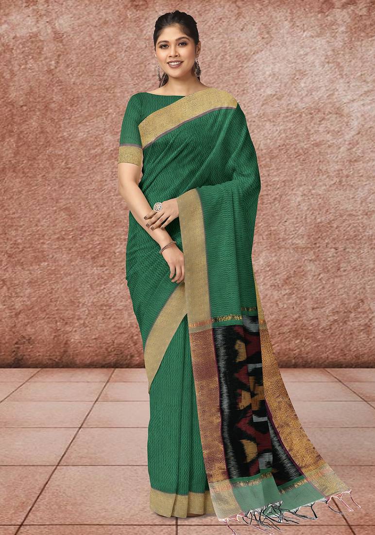Emerald green & antique gold pochampally ikat cotton saree with running blouse