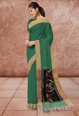 Emerald green & antique gold pochampally ikat cotton saree with running blouse 2