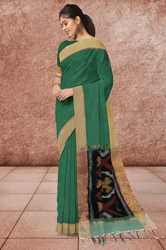 Emerald green & antique gold pochampally ikat cotton saree with running blouse