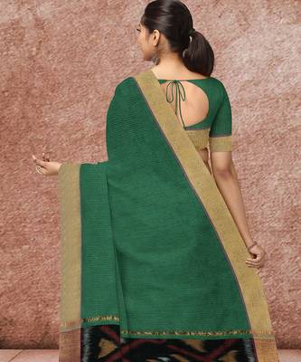 Emerald green & antique gold pochampally ikat cotton saree with running blouse 3