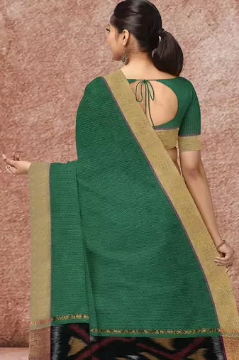 Emerald green & antique gold pochampally ikat cotton saree with running blouse