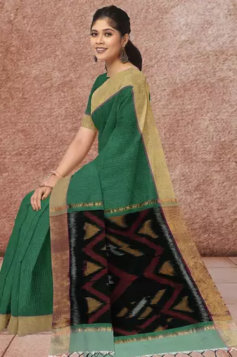 Emerald green & antique gold pochampally ikat cotton saree with running blouse
