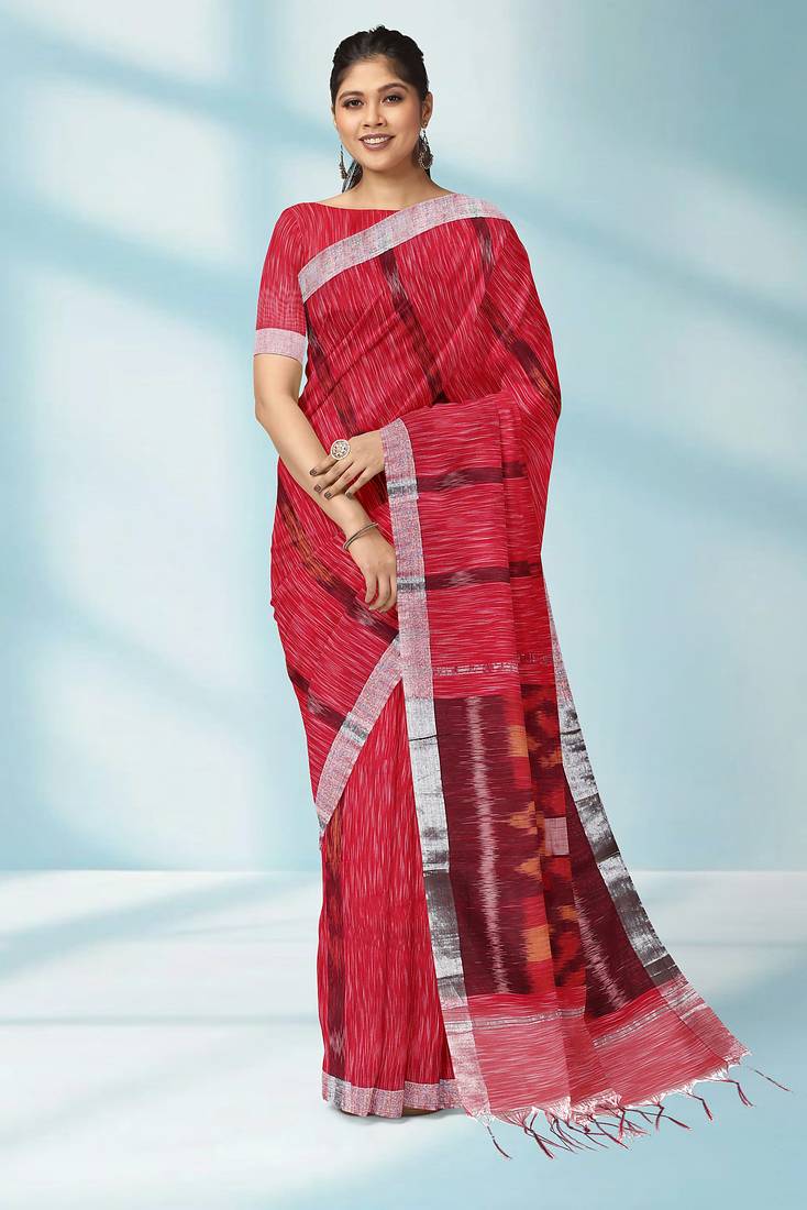 Raspberry red & silver grey pochampally ikat cotton saree with running blouse