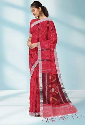 Raspberry red & silver grey pochampally ikat cotton saree with running blouse 2