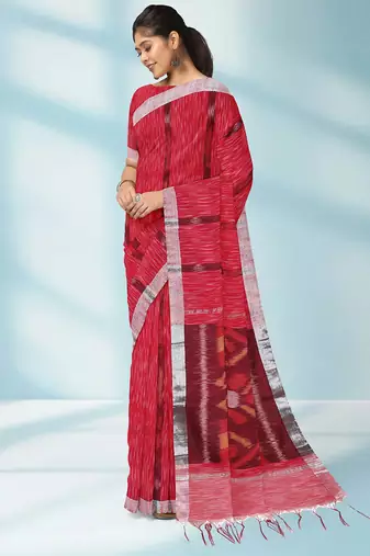 Raspberry red & silver grey pochampally ikat cotton saree with running blouse