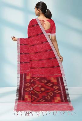 Raspberry red & silver grey pochampally ikat cotton saree with running blouse 3
