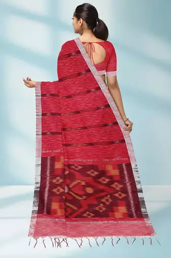 Raspberry red & silver grey pochampally ikat cotton saree with running blouse