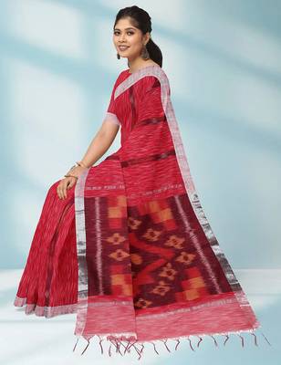 Raspberry red & silver grey pochampally ikat cotton saree with running blouse 4