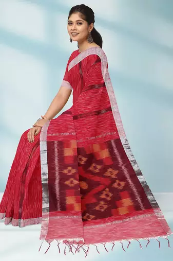 Raspberry red & silver grey pochampally ikat cotton saree with running blouse
