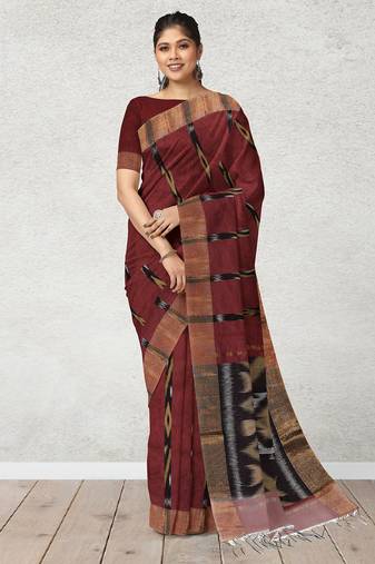 Burnt maroon & antique copper pochampally ikat cotton saree with running blouse
