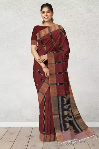Burnt maroon & antique copper pochampally ikat cotton saree with running blouse