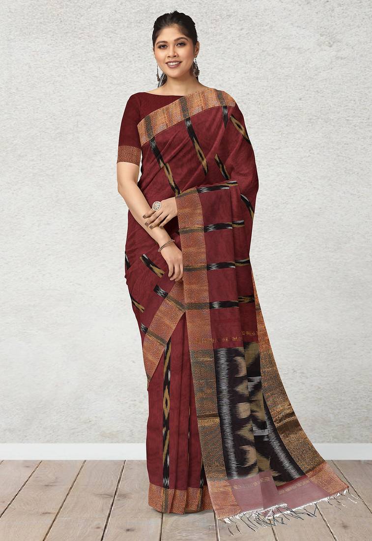 Burnt maroon & antique copper pochampally ikat cotton saree with running blouse