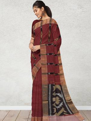 Burnt maroon & antique copper pochampally ikat cotton saree with running blouse 2