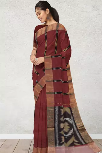 Burnt maroon & antique copper pochampally ikat cotton saree with running blouse