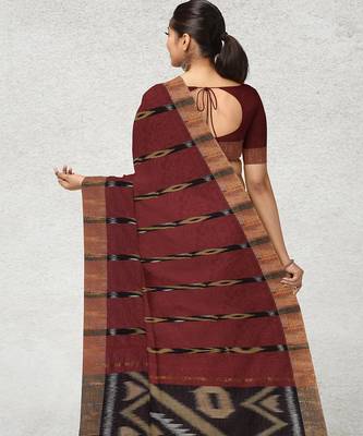 Burnt maroon & antique copper pochampally ikat cotton saree with running blouse 3