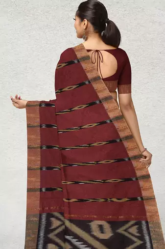 Burnt maroon & antique copper pochampally ikat cotton saree with running blouse