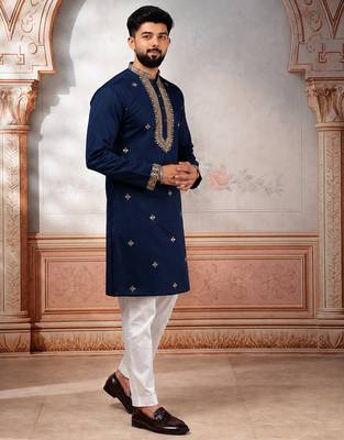 Navy blue embroidered kurta payjama for mens' traditional looks 5