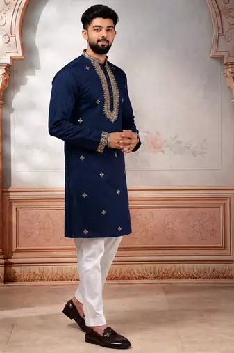 Navy blue embroidered kurta payjama for mens' traditional looks