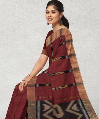 Burnt maroon & antique copper pochampally ikat cotton saree with running blouse 4