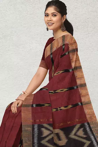 Burnt maroon & antique copper pochampally ikat cotton saree with running blouse