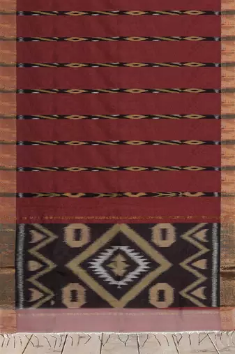 Burnt maroon & antique copper pochampally ikat cotton saree with running blouse