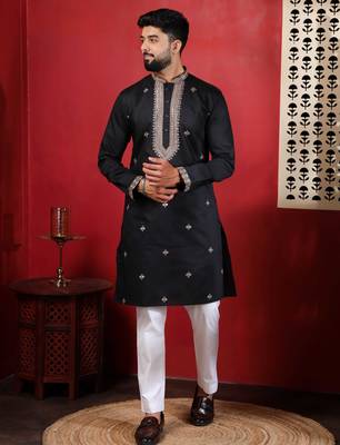 Black embroidered kurta payjama for mens' traditional looks 1