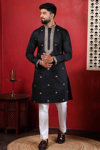 Black embroidered kurta payjama for mens' traditional looks