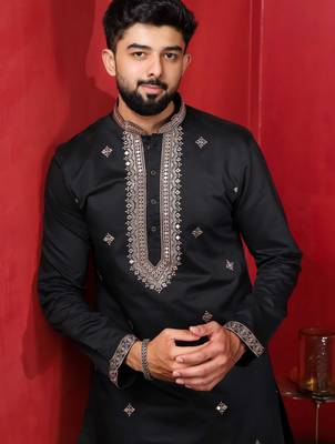Black embroidered kurta payjama for mens' traditional looks 3