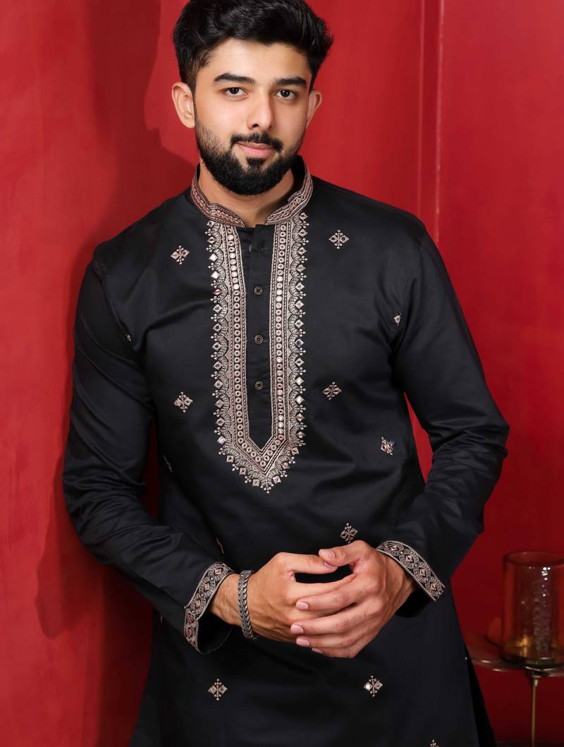 Black embroidered kurta payjama for mens' traditional looks