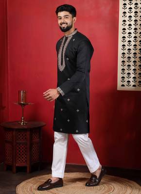 Black embroidered kurta payjama for mens' traditional looks 4
