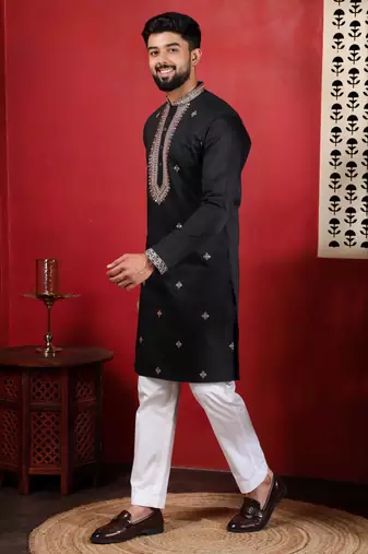 Black embroidered kurta payjama for mens' traditional looks
