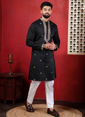 Black embroidered kurta payjama for mens' traditional looks 5