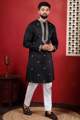 Black embroidered kurta payjama for mens' traditional looks