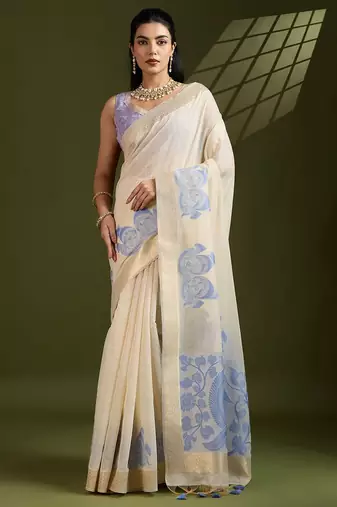 Self Checks Muga Saree with Kalamkari Border and Zari Woven Detail