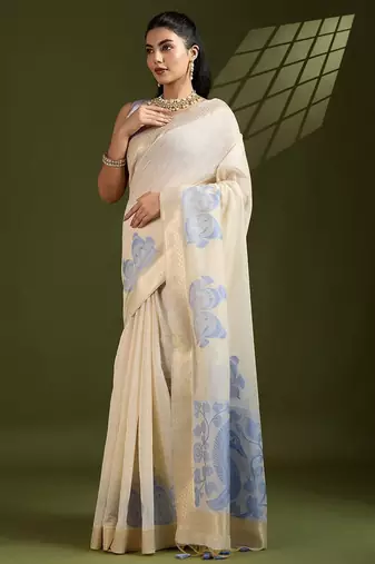 Self Checks Muga Saree with Kalamkari Border and Zari Woven Detail