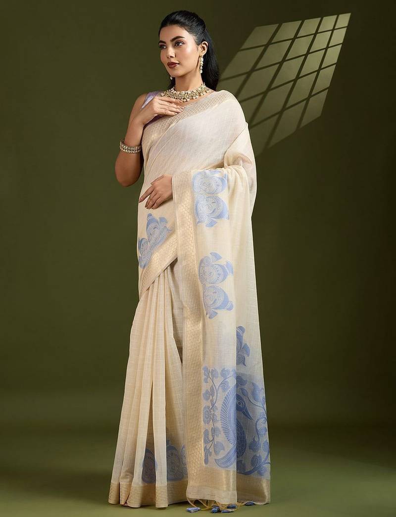 Self Checks Muga Saree with Kalamkari Border and Zari Woven Detail