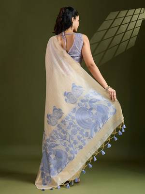 Self Checks Muga Saree with Kalamkari Border and Zari Woven Detail 3