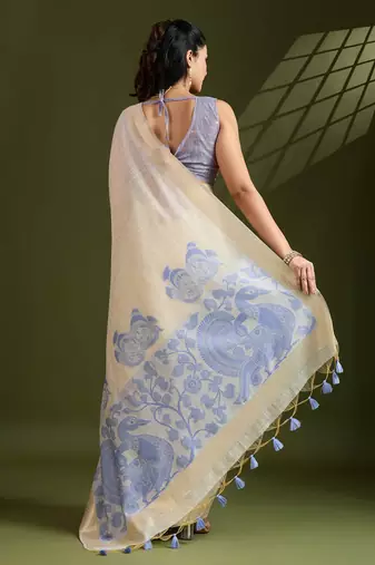 Self Checks Muga Saree with Kalamkari Border and Zari Woven Detail