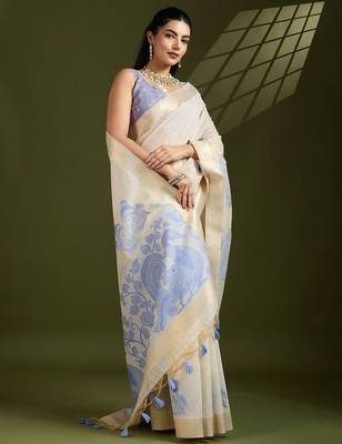 Self Checks Muga Saree with Kalamkari Border and Zari Woven Detail 4
