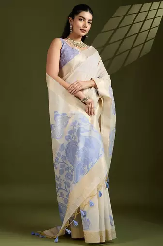 Self Checks Muga Saree with Kalamkari Border and Zari Woven Detail