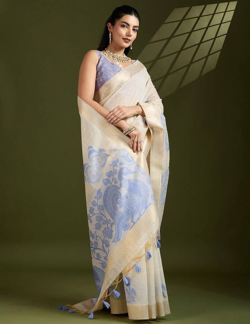 Self Checks Muga Saree with Kalamkari Border and Zari Woven Detail