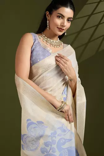 Self Checks Muga Saree with Kalamkari Border and Zari Woven Detail