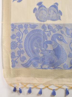Self Checks Muga Saree with Kalamkari Border and Zari Woven Detail 6