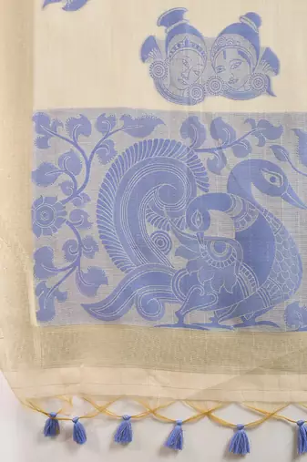 Self Checks Muga Saree with Kalamkari Border and Zari Woven Detail