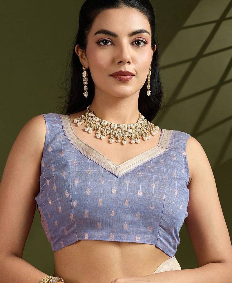 Self Checks Muga Saree with Kalamkari Border and Zari Woven Detail